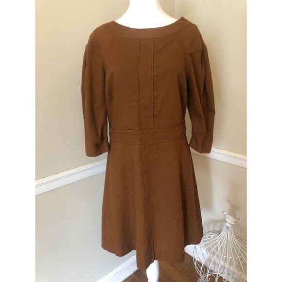NWT Banana Republic Size 10P Brown Linen Blend Dress 3/4 Sleeve Boat Neck - Picture 1 of 9